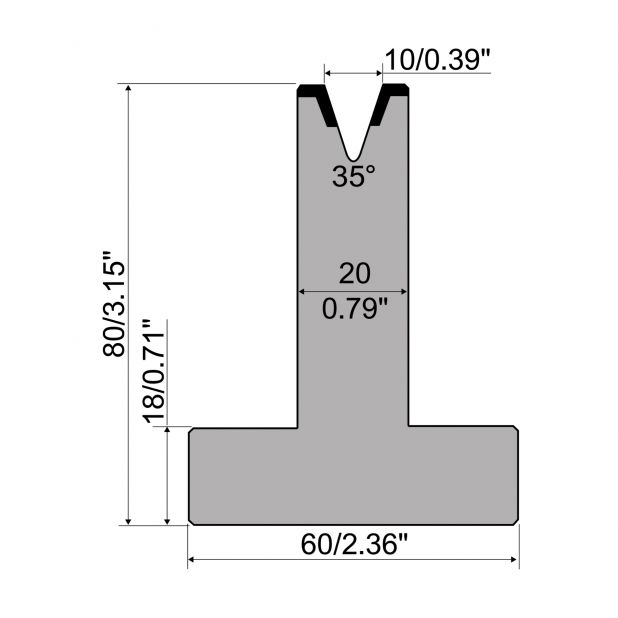 T die R1 European type with height=80mm, α=35°, Radius=1,2mm, Material=C45, Max. load=400kN/m.