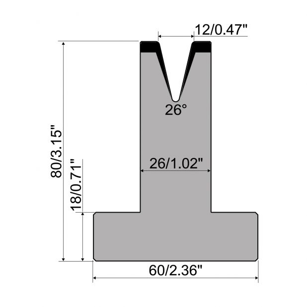 T die R1 European type with height=80mm, α=26°, Radius=1,6mm, Material=C45, Max. load=200kN/m.