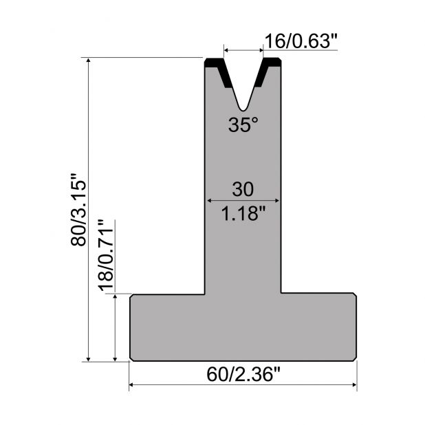 T die R1 European type with height=80mm, α=35°, Radius=3mm, Material=C45, Max. load=450kN/m.
