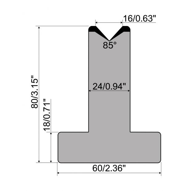 T die R1 European type with height=80mm, α=85°, Radius=2,75mm, Material=C45, Max. load=1000kN/m.