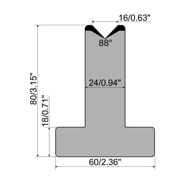 T die R1 European type with height=80mm, α=88°, Radius=2,75mm, Material=C45, Max. load=1000kN/m.