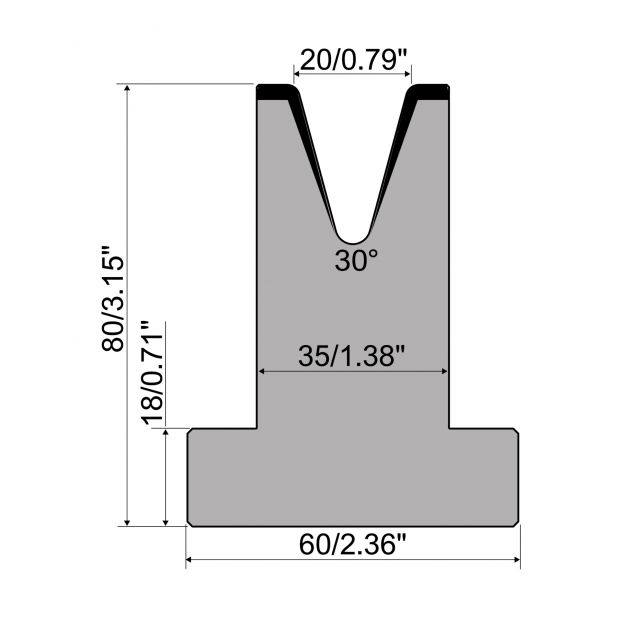 T die R1 European type with height=80mm, α=30°, Radius=2,5mm, Material=C45, Max. load=500kN/m.