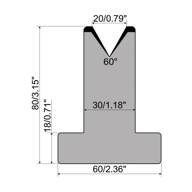 T die R1 European type with height=80mm, α=60°, Radius=3mm, Material=C45, Max. load=600kN/m.