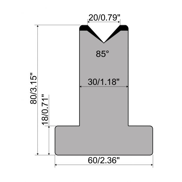 T die R1 European type with height=80mm, α=85°, Radius=3mm, Material=C45, Max. load=1000kN/m.