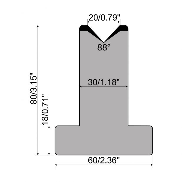 T die R1 European type with height=80mm, α=88°, Radius=3mm, Material=C45, Max. load=1000kN/m.