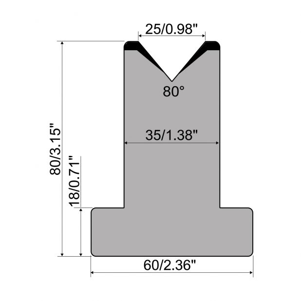 T die R1 European type with height=80mm, α=80°, Radius=3mm, Material=C45, Max. load=950kN/m.