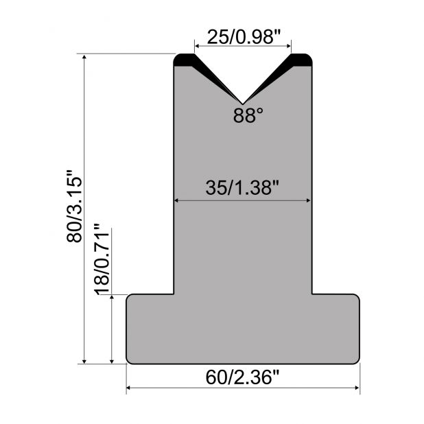 T die R1 European type with height=80mm, α=88°, Radius=3mm, Material=C45, Max. load=1000kN/m.