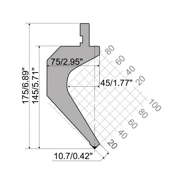 Punch R1 European type TOP Series with Working height=145mm, α=85°, Radius=0,8mm, Material=42Cr, Max. load=9