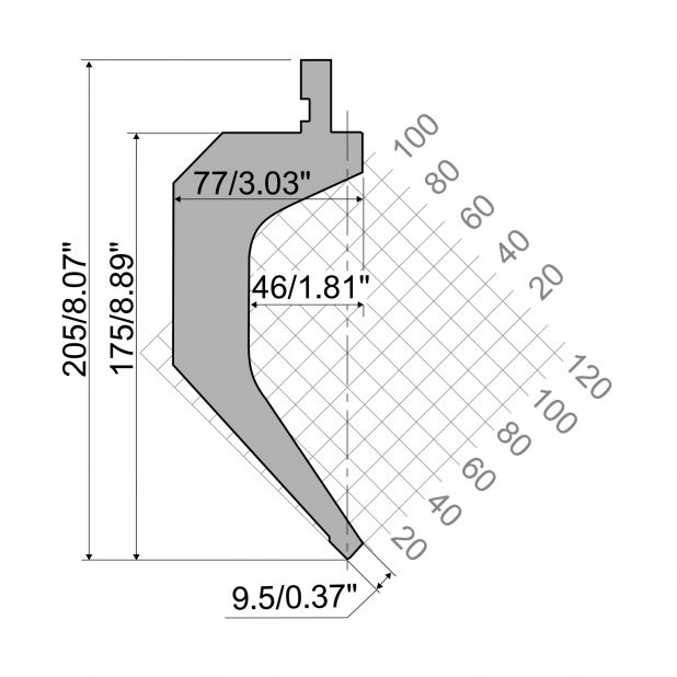 Punch R1 European type TOP Series with Working height=175mm, α=85°, Radius=0,8mm, Material=42Cr, Max. load=7