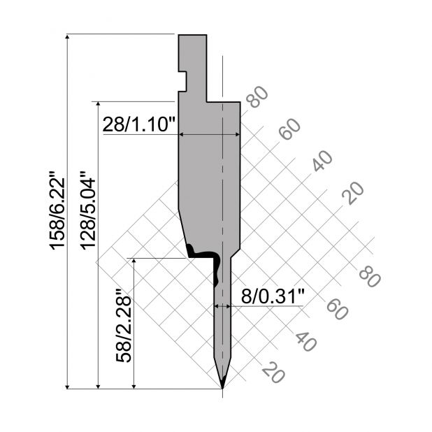 "Hemming tools R1 European type TOP Series with Working height=128mm, α=24°, Radius=0,6mm, Material=42Cr, Ma