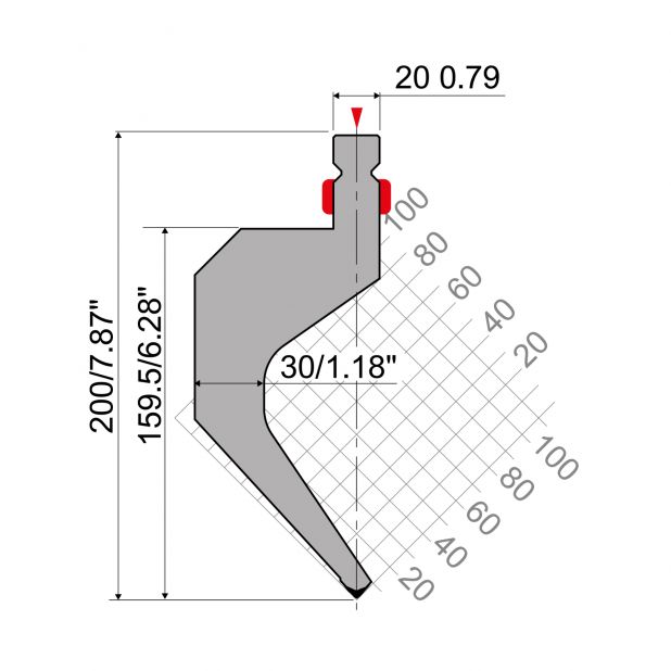 Punch R2 European type TOP Series with Working height=200mm, α=85°, Radius=0,8mm, Material=42cr, Max. load=8