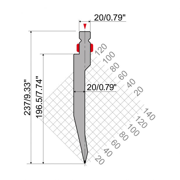 Punch R2 European type TOP Series with Working height=237mm, α=26°, Radius=0,8mm, Material=42cr, Max. load=1