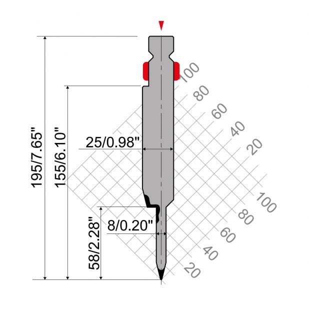 "Hemming tools R2 type with Working height=158mm, α=28°, Radius=0,6mm, Material=42Cr, Max. load=800-1000kN/m