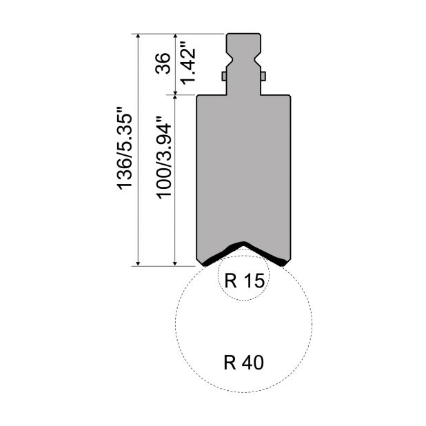 "Hemming tools R2 type with Working height=100mm, Material=42Cr, Max. load=1000kN/m. To use with R15-R40"