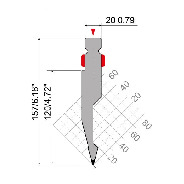 Punch R2 type with Working height=120mm, α=28°, Radius=1mm, Material=42Cr, Max. load=600kN/m.