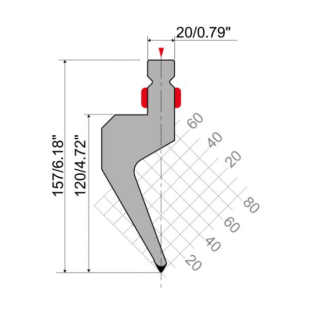 Punch R2 type with Working height=120mm, α=60°, Radius=1mm, Material=42Cr, Max. load=700kN/m.