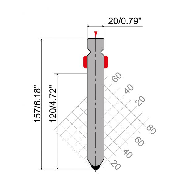 Punch R2 type with Working height=120mm, α=60°, Radius=4mm, Material=42Cr, Max. load=1300kN/m.