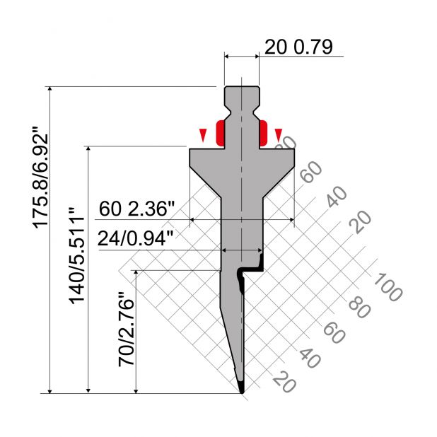 Punch R2 type with Working height=140mm, α=28°, Radius=1mm, Material=42Cr, Max. load=400kN/m.