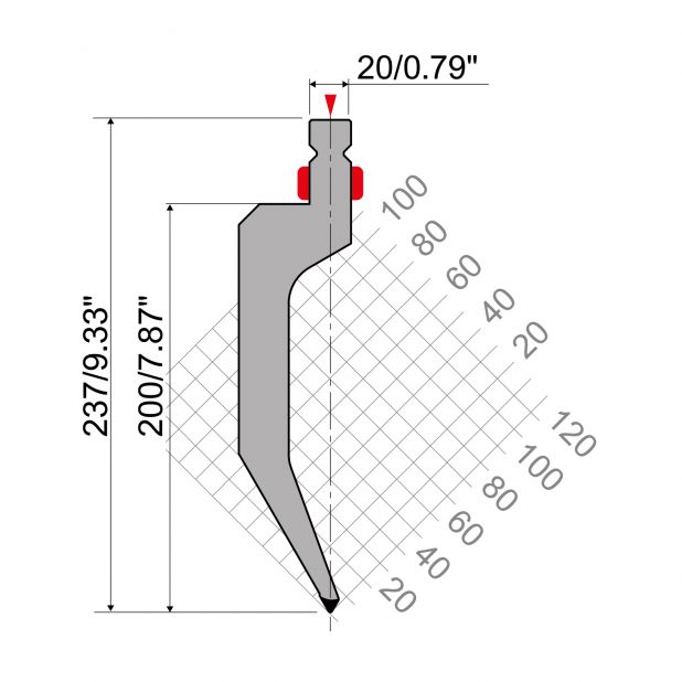 Punch R2 type with Working height=200mm, α=60°, Radius=1mm, Material=42Cr, Max. load=700kN/m.