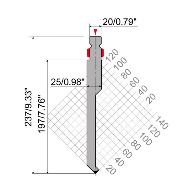 Punch R2 type with Working height=200mm, α=90°, Radius=0,6mm, Material=42Cr, Max. load=600kN/m.