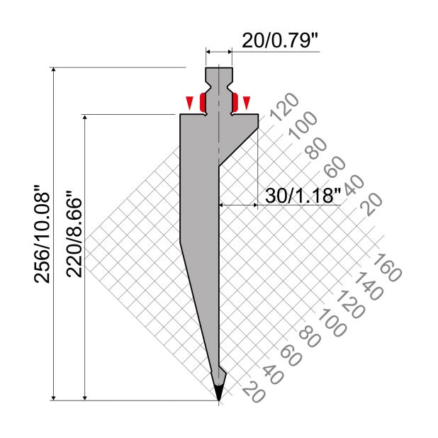 Punch R2 type with Working height=220mm, α=28°, Radius=1mm, Material=42Cr, Max. load=600kN/m.