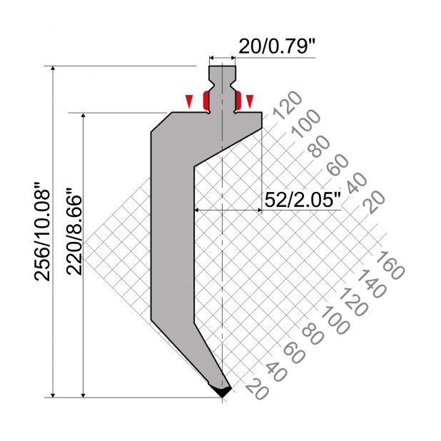 Punch R2 type with Working height=220mm, α=86°, Radius=1mm, Material=42Cr, Max. load=800kN/m.