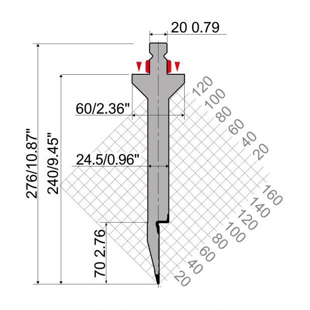 Punch R2 type with Working height=240mm, α=28°, Radius=1mm, Material=42Cr, Max. load=400kN/m.